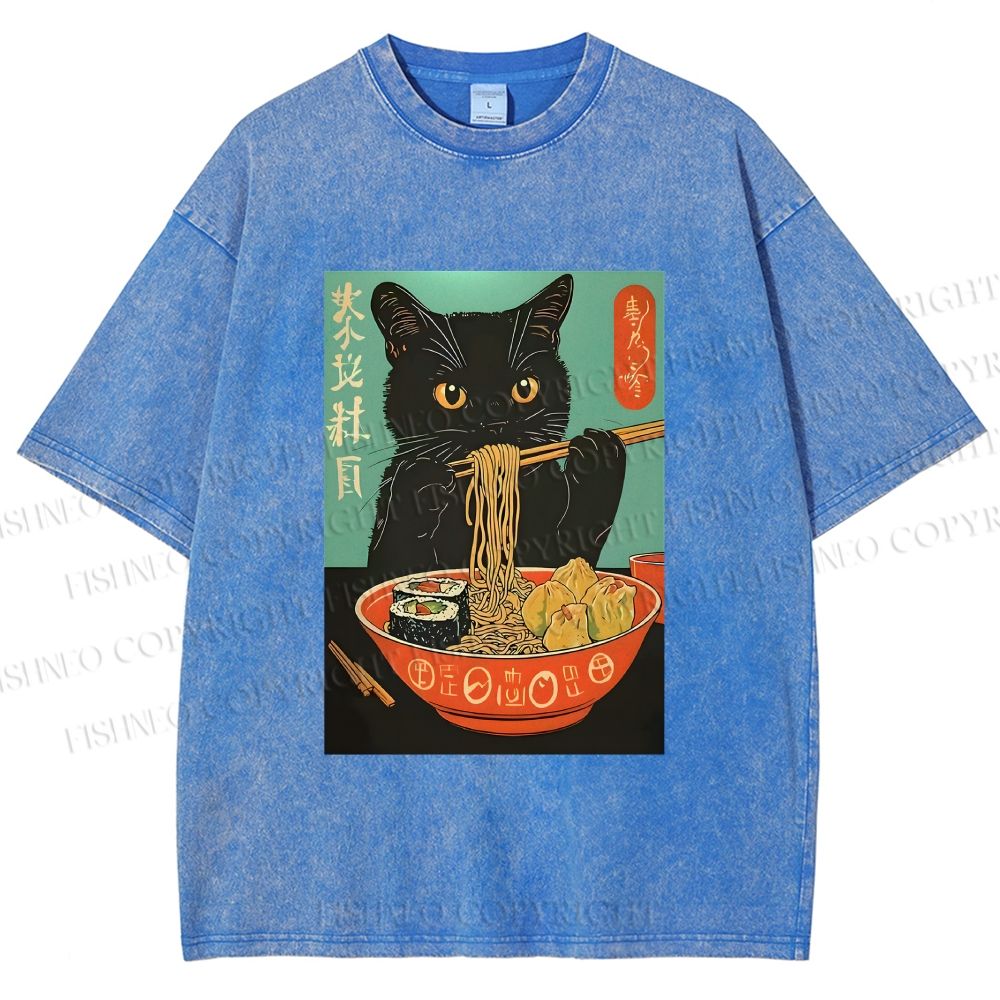 Unisex Ramen Cat Printed Washed Tee