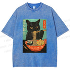 Unisex Ramen Cat Printed Washed Tee