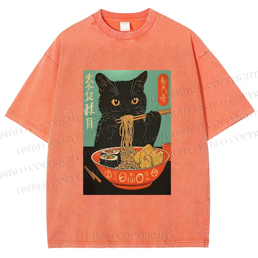 Unisex Ramen Cat Printed Washed Tee