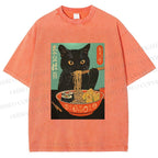 Unisex Ramen Cat Printed Washed Tee