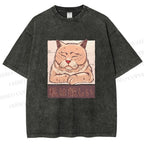 Unisex Tired Japanese Cat Printed Washed Tee