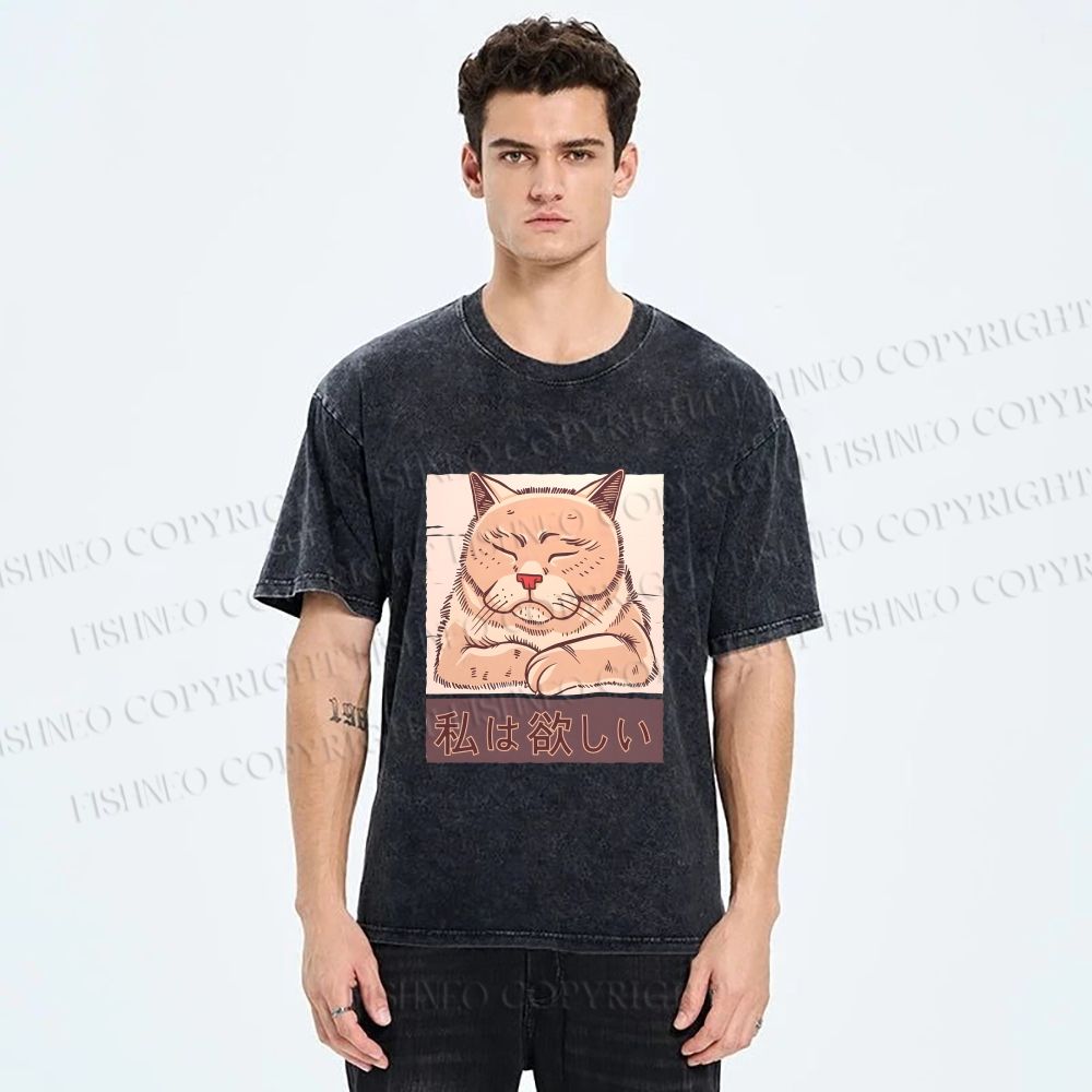 Unisex Tired Japanese Cat Printed Washed Tee