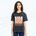 Unisex Tired Japanese Cat Printed Washed Tee