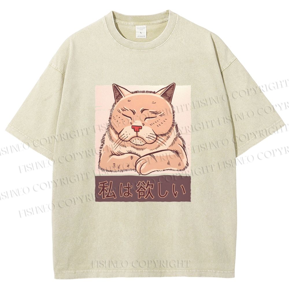 Unisex Tired Japanese Cat Printed Washed Tee