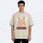 Unisex Tired Japanese Cat Printed Washed Tee