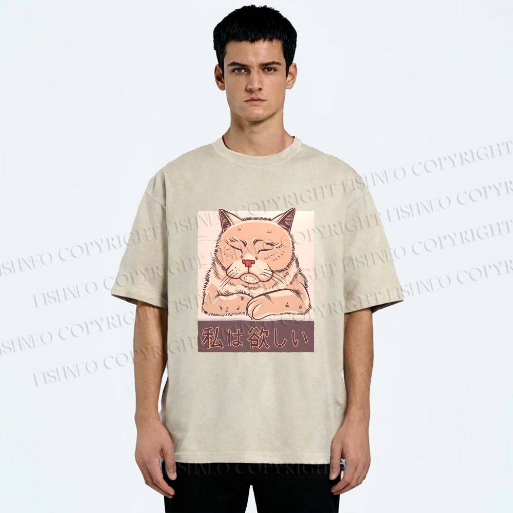 Unisex Tired Japanese Cat Printed Washed Tee