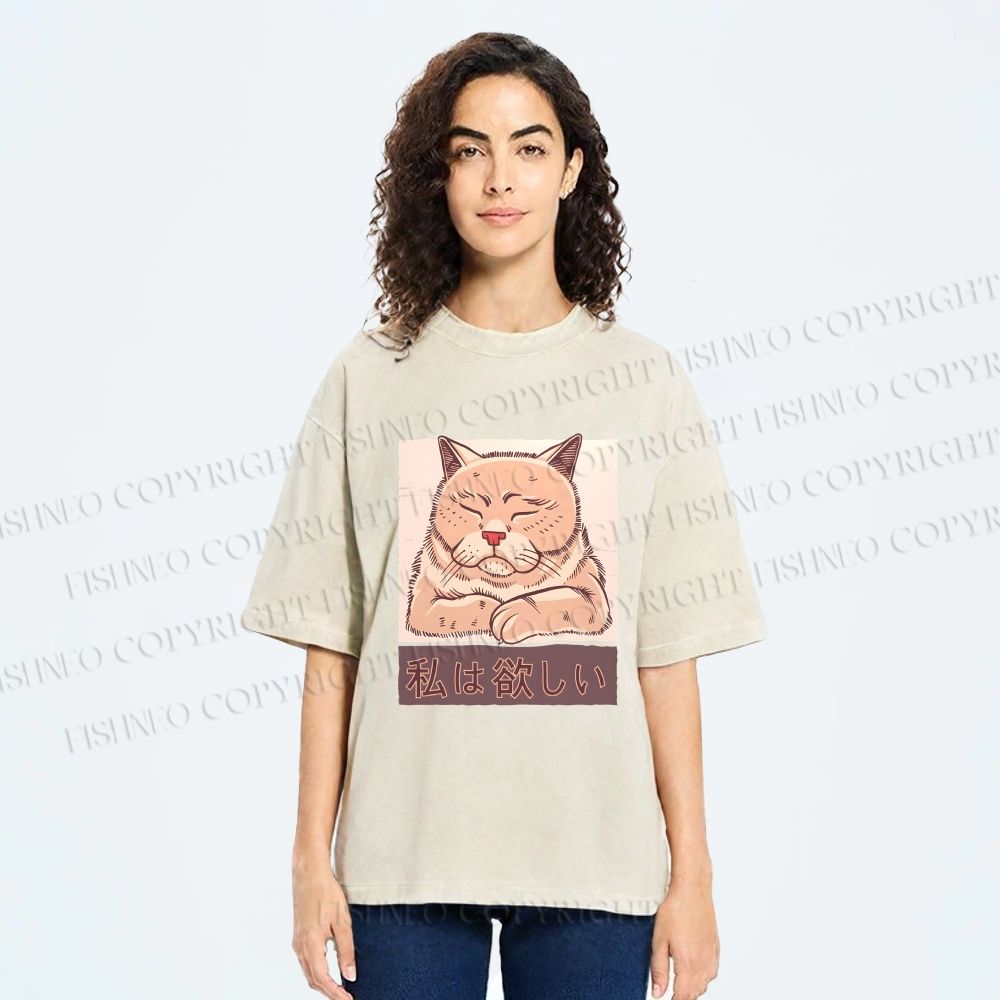 Unisex Tired Japanese Cat Printed Washed Tee
