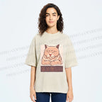 Unisex Tired Japanese Cat Printed Washed Tee