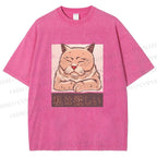 Unisex Tired Japanese Cat Printed Washed Tee