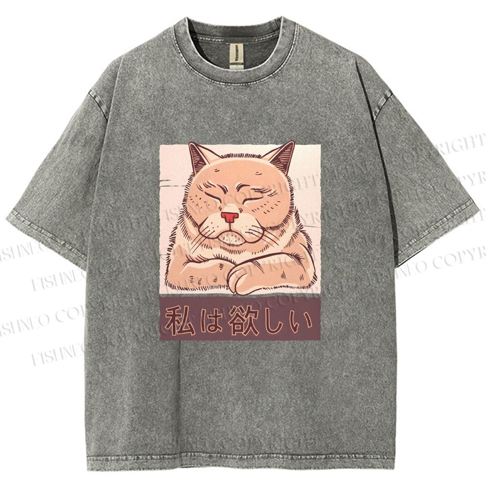 Unisex Tired Japanese Cat Printed Washed Tee