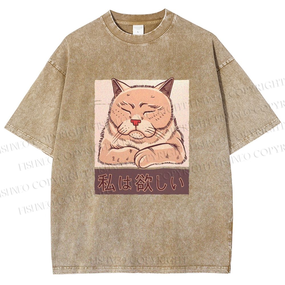 Unisex Tired Japanese Cat Printed Washed Tee