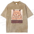 Unisex Tired Japanese Cat Printed Washed Tee