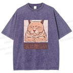 Unisex Tired Japanese Cat Printed Washed Tee