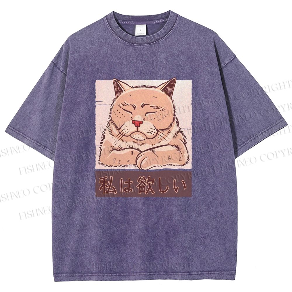Unisex Tired Japanese Cat Printed Washed Tee