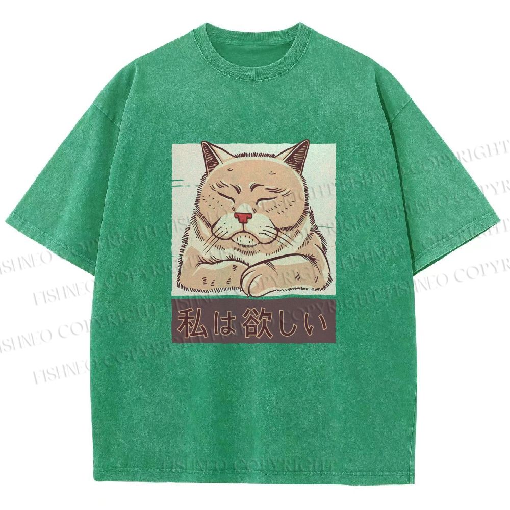 Unisex Tired Japanese Cat Printed Washed Tee