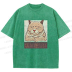 Unisex Tired Japanese Cat Printed Washed Tee