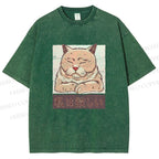 Unisex Tired Japanese Cat Printed Washed Tee