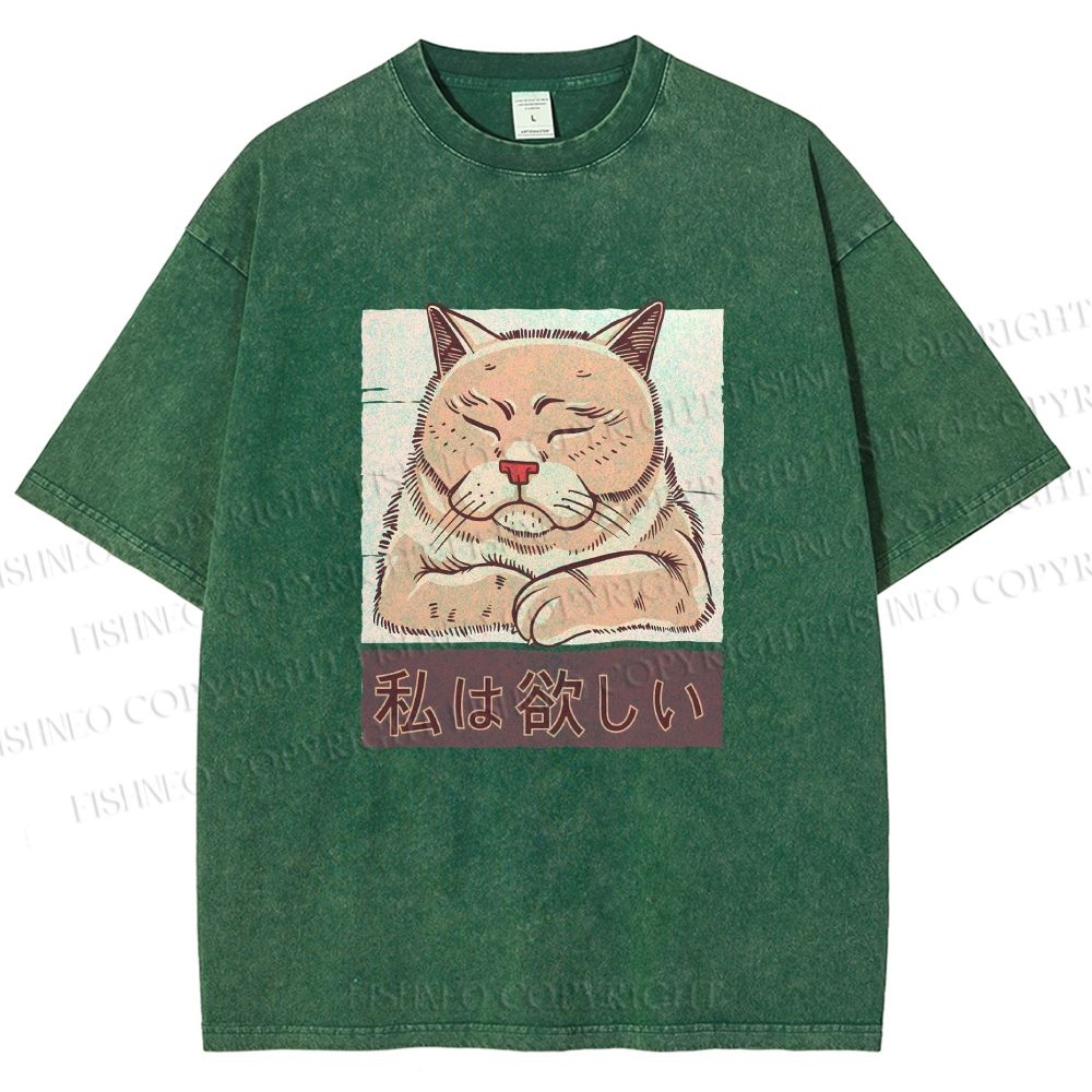 Unisex Tired Japanese Cat Printed Washed Tee