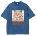 Unisex Tired Japanese Cat Printed Washed Tee