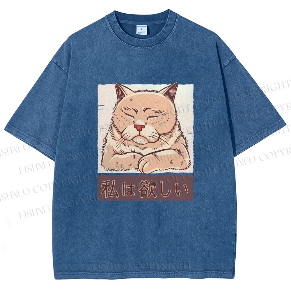 Unisex Tired Japanese Cat Printed Washed Tee