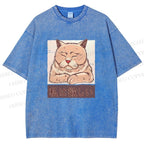 Unisex Tired Japanese Cat Printed Washed Tee