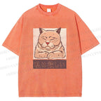 Unisex Tired Japanese Cat Printed Washed Tee