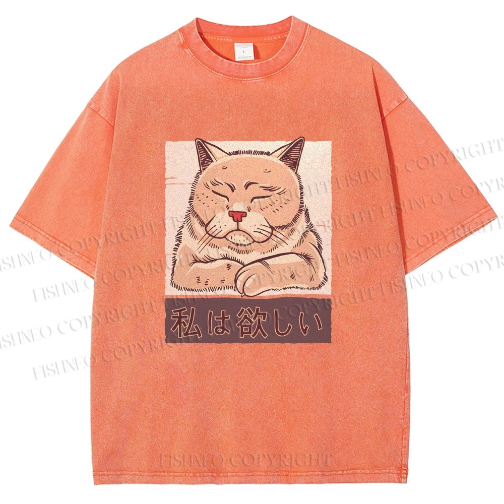 Unisex Tired Japanese Cat Printed Washed Tee