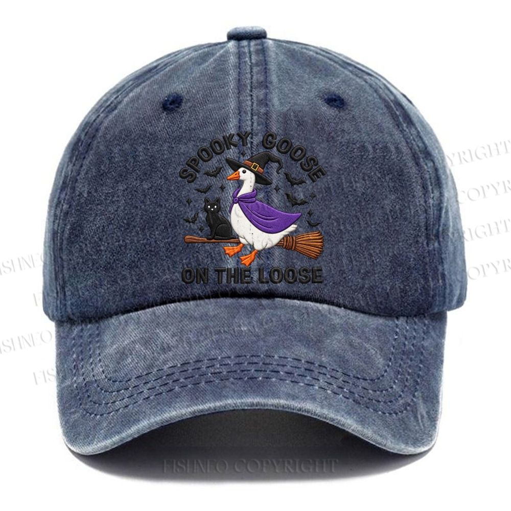 Unisex Vintage Halloween Spooky Goose On The Loose Broom Casual Embroidered Washed Cap