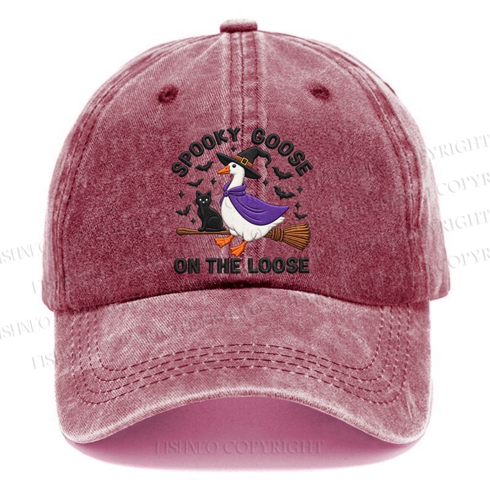 Unisex Vintage Halloween Spooky Goose On The Loose Broom Casual Embroidered Washed Cap