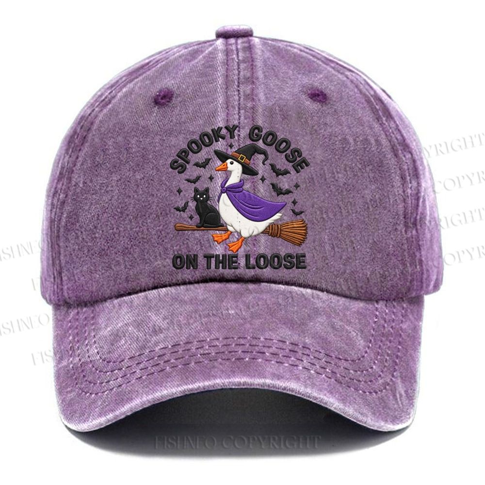 Unisex Vintage Halloween Spooky Goose On The Loose Broom Casual Embroidered Washed Cap