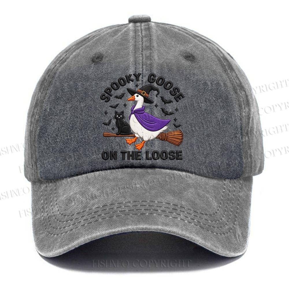 Unisex Vintage Halloween Spooky Goose On The Loose Broom Casual Embroidered Washed Cap