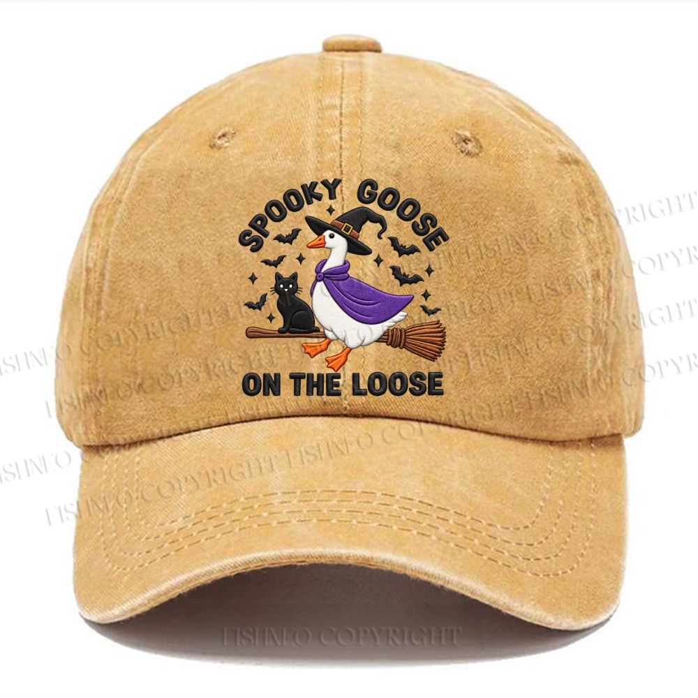 Unisex Vintage Halloween Spooky Goose On The Loose Broom Casual Embroidered Washed Cap