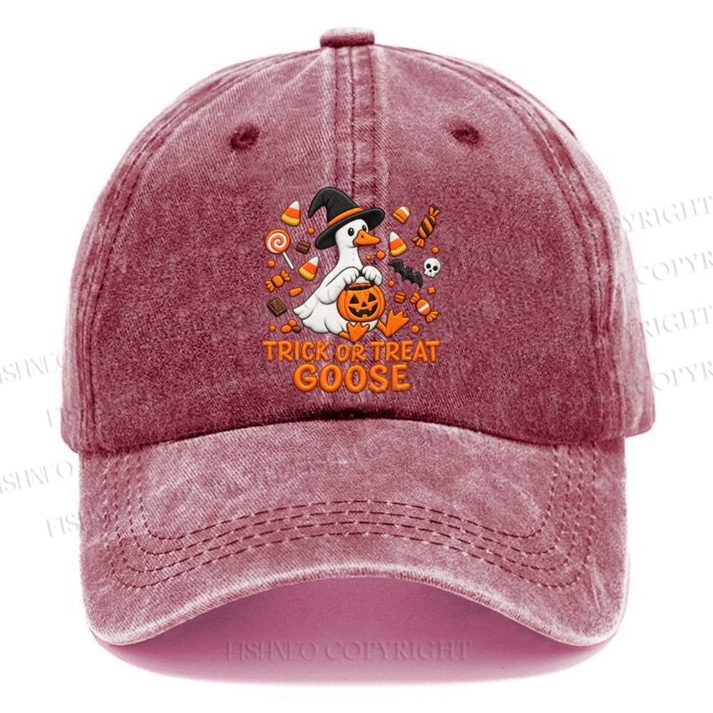 Unisex Vintage Trick Or Treat Goose Halloween Candy Pumpkin Casual Embroidered Washed Cap
