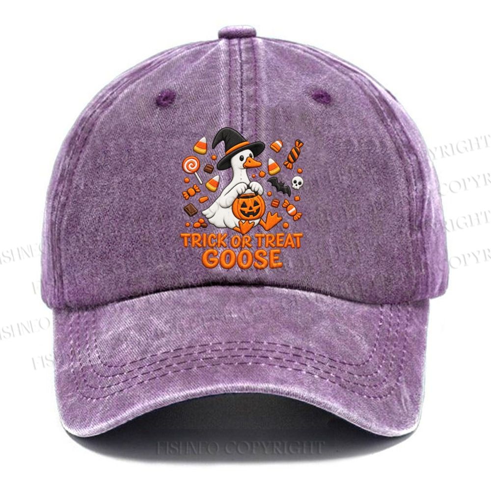 Unisex Vintage Trick Or Treat Goose Halloween Candy Pumpkin Casual Embroidered Washed Cap