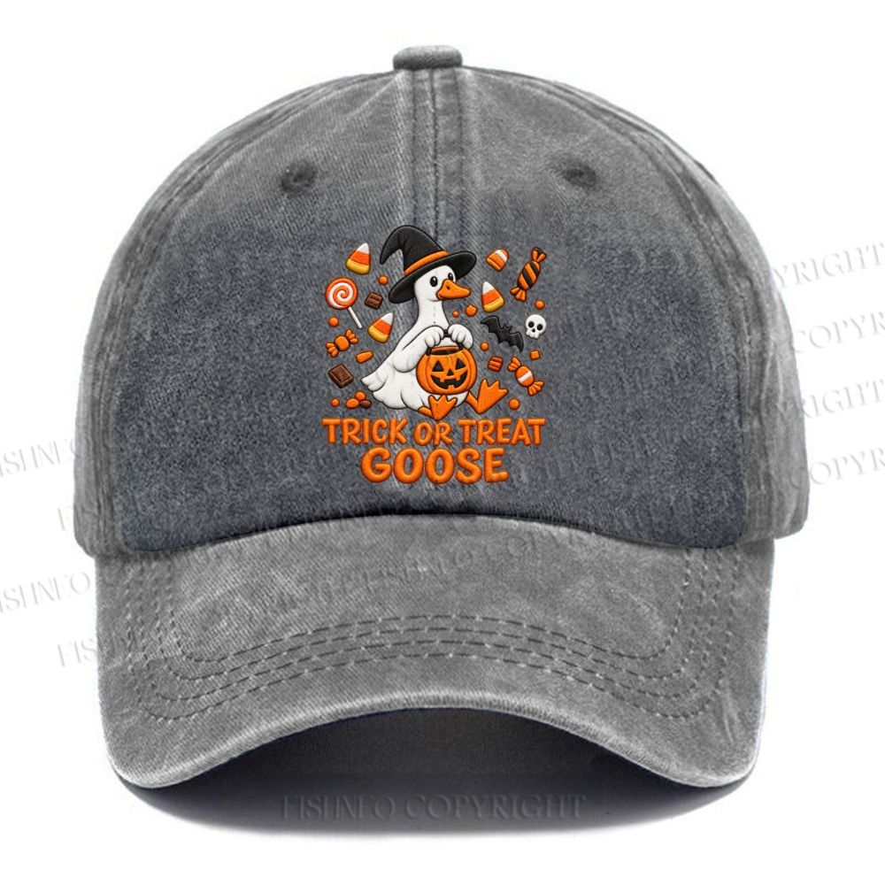 Unisex Vintage Trick Or Treat Goose Halloween Candy Pumpkin Casual Embroidered Washed Cap