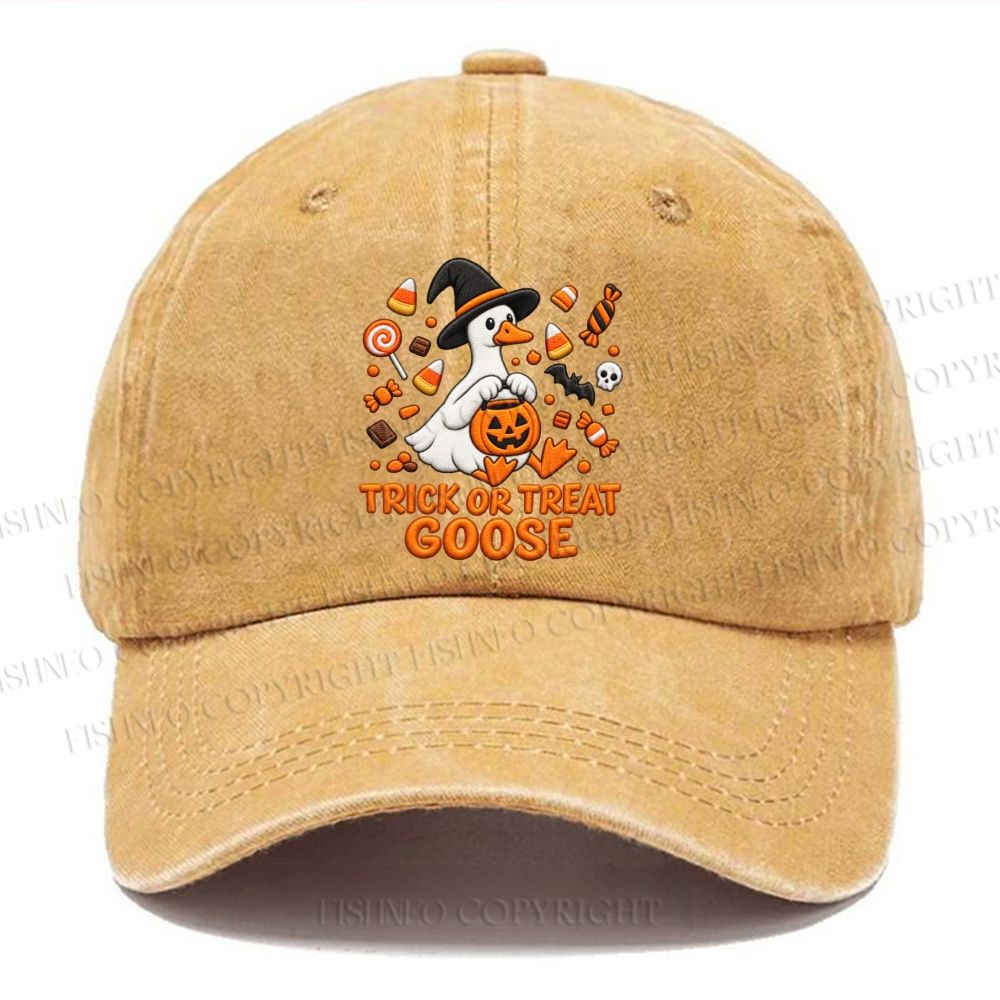 Unisex Vintage Trick Or Treat Goose Halloween Candy Pumpkin Casual Embroidered Washed Cap
