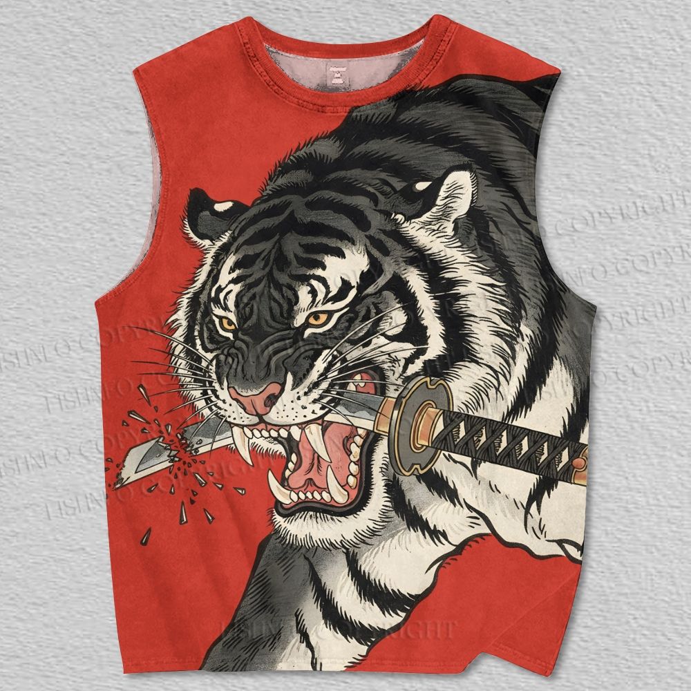 Unisex Ukiyo-e Tiger Bite the Knife Printed Tank Top