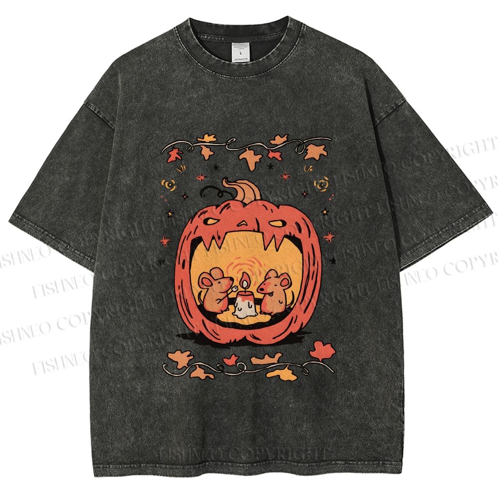 Unisex Rats in Halloween Pumpkin Printed Washed Tee