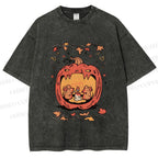 Unisex Rats in Halloween Pumpkin Printed Washed Tee