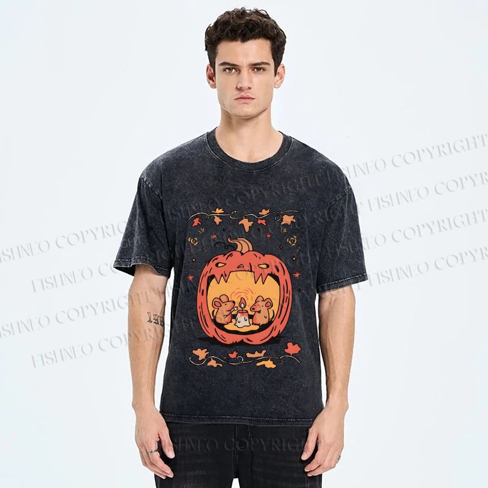 Unisex Rats in Halloween Pumpkin Printed Washed Tee