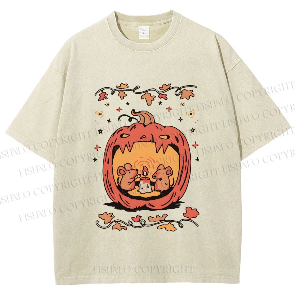 Unisex Rats in Halloween Pumpkin Printed Washed Tee