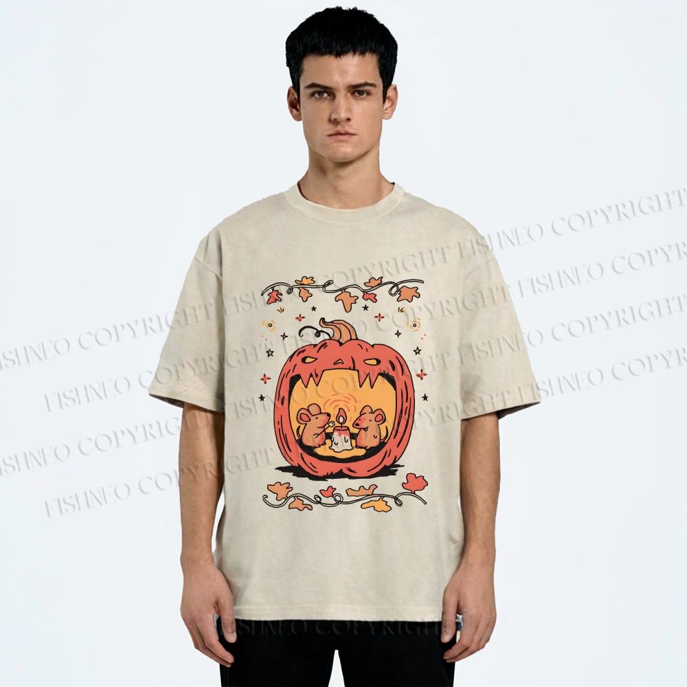Unisex Rats in Halloween Pumpkin Printed Washed Tee