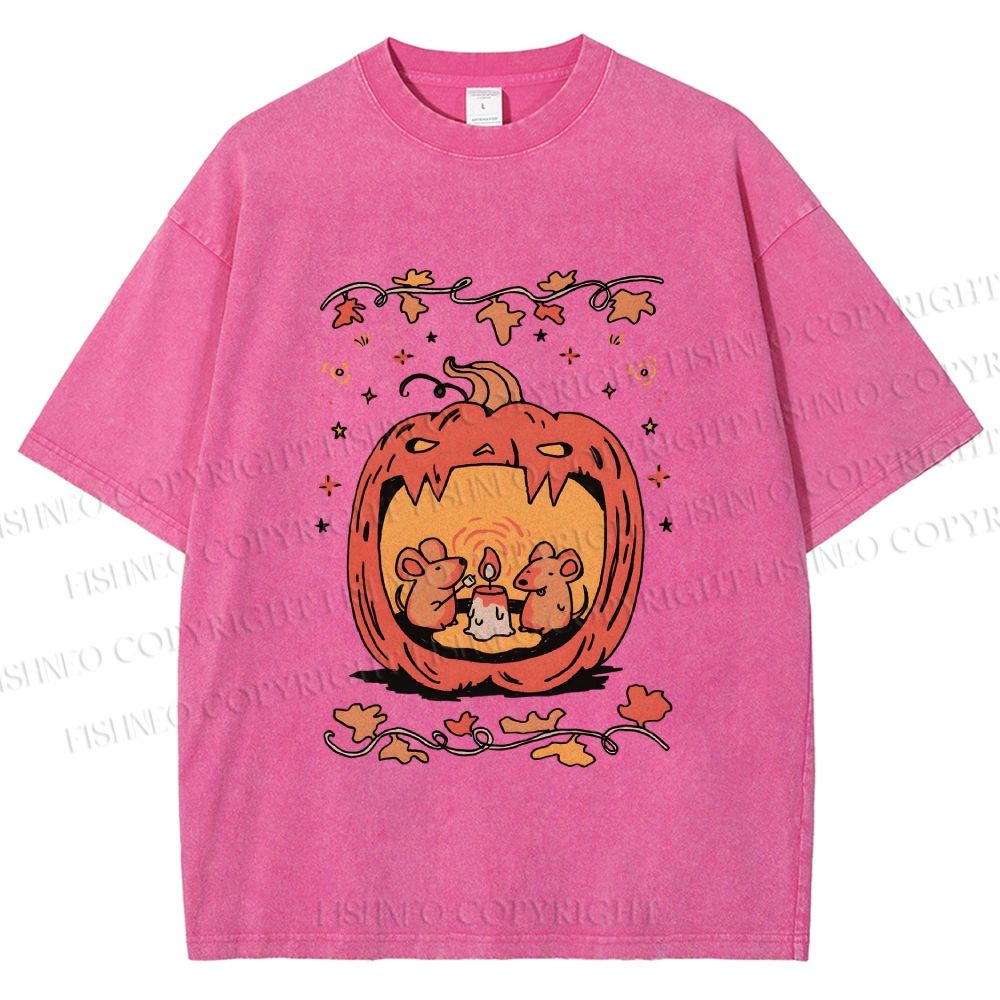 Unisex Rats in Halloween Pumpkin Printed Washed Tee