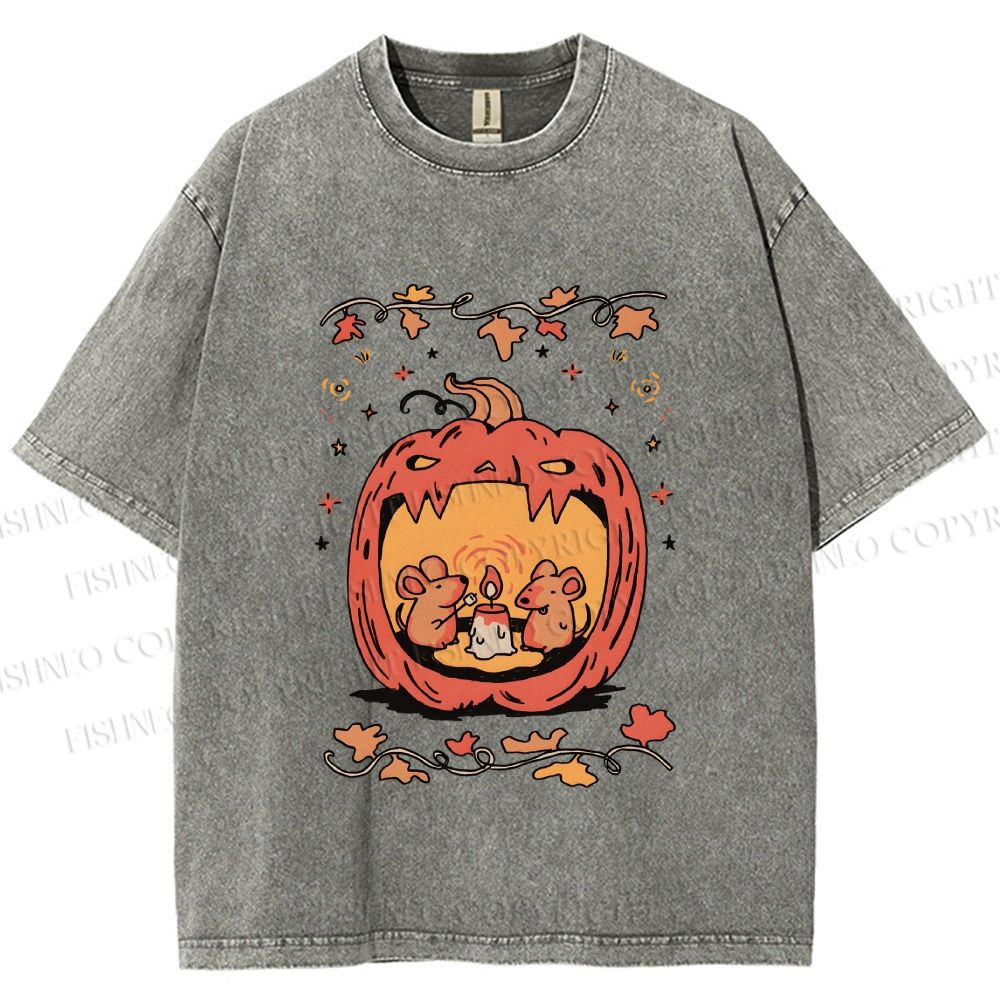 Unisex Rats in Halloween Pumpkin Printed Washed Tee