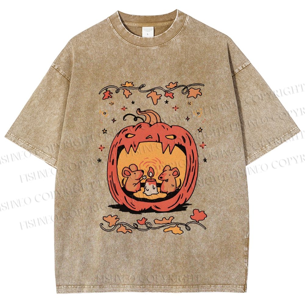 Unisex Rats in Halloween Pumpkin Printed Washed Tee