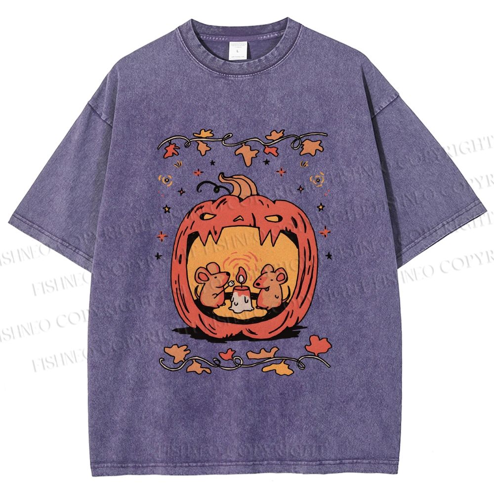 Unisex Rats in Halloween Pumpkin Printed Washed Tee