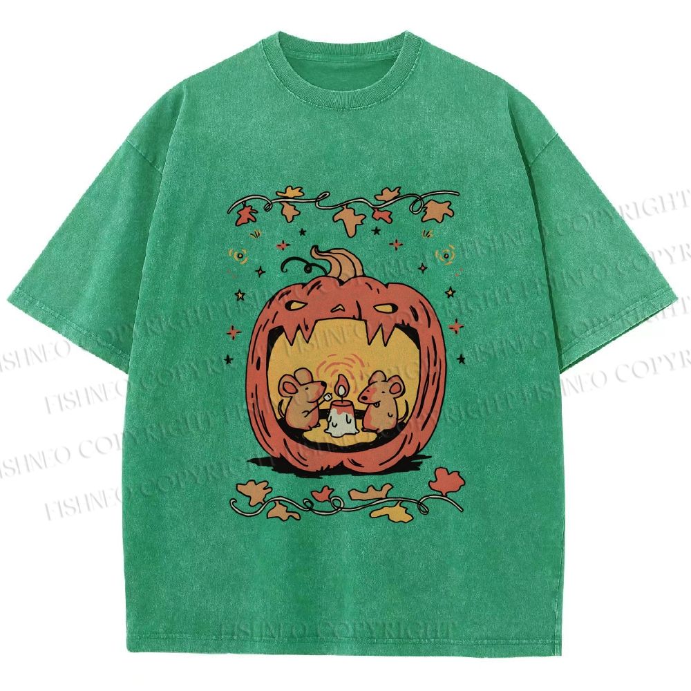 Unisex Rats in Halloween Pumpkin Printed Washed Tee