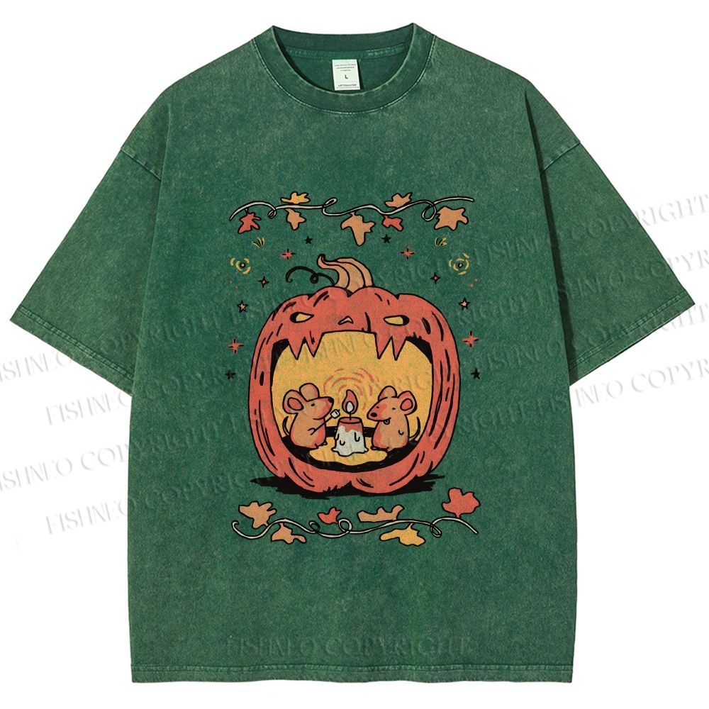 Unisex Rats in Halloween Pumpkin Printed Washed Tee