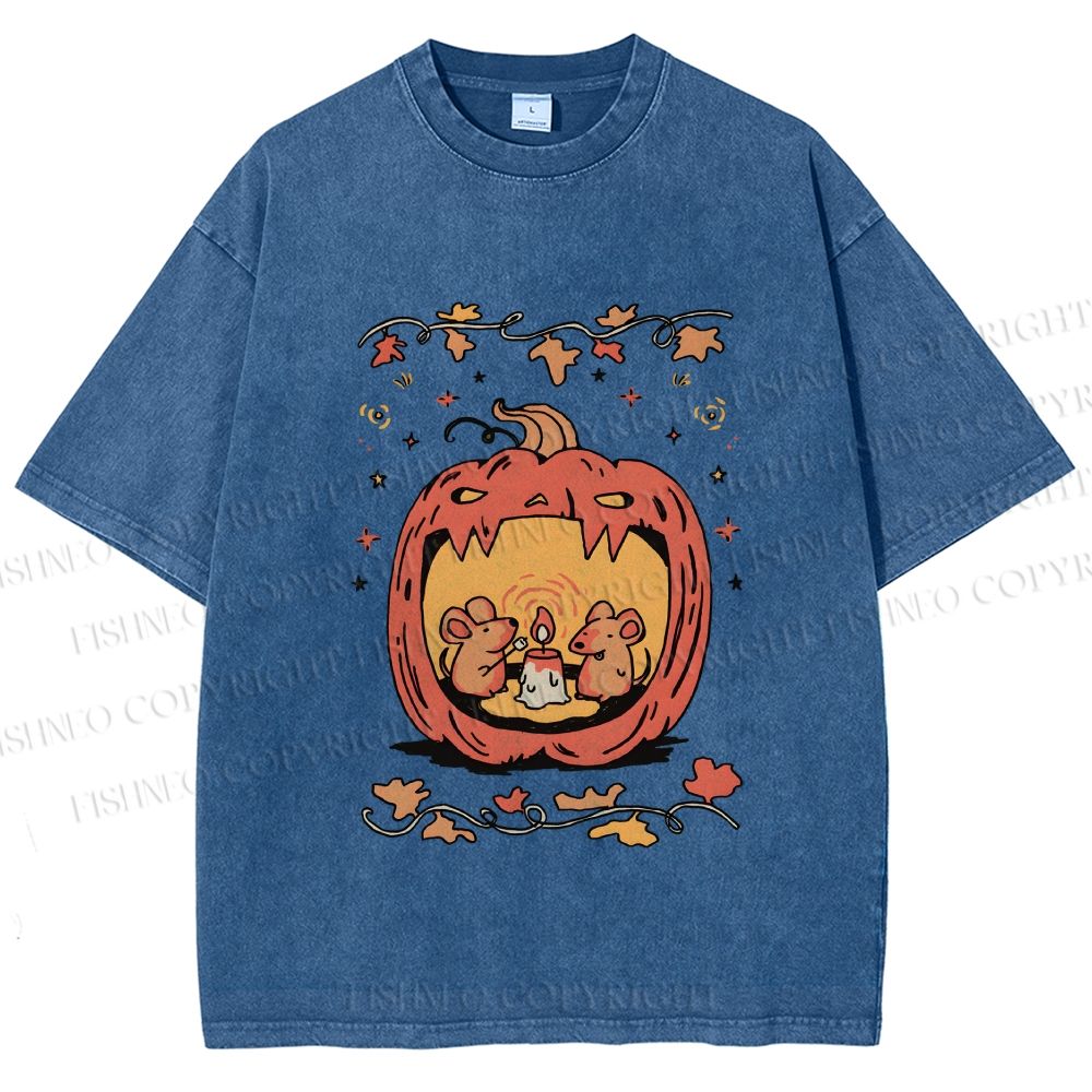 Unisex Rats in Halloween Pumpkin Printed Washed Tee