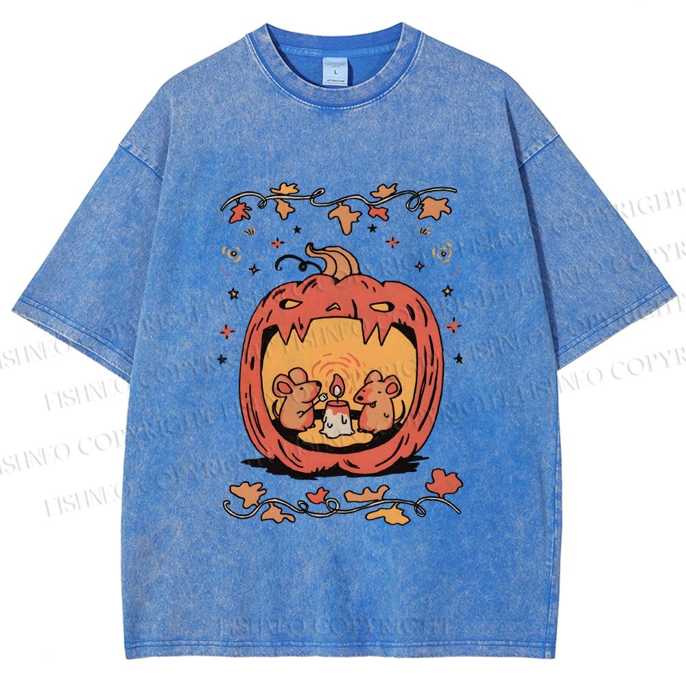 Unisex Rats in Halloween Pumpkin Printed Washed Tee